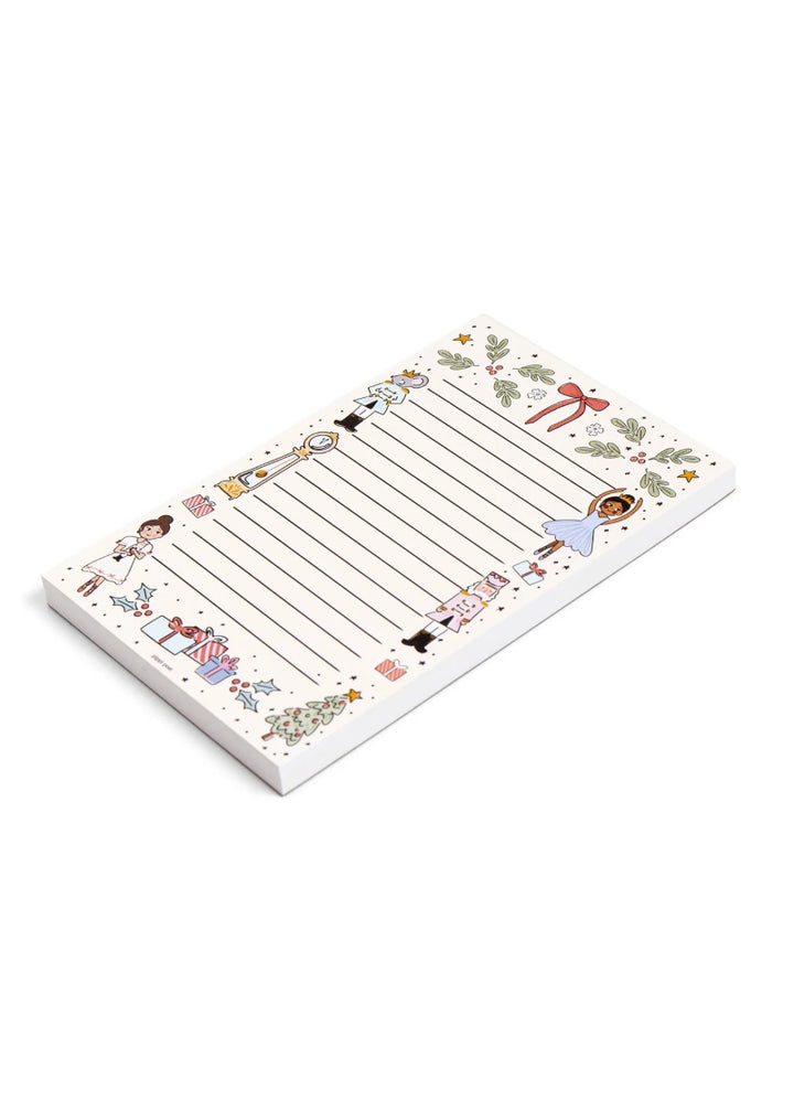 Pippi Post 480720 4"x6" 52 sheet lined paper notepad with cartoon Nutcracker characters and holiday decorations around border.