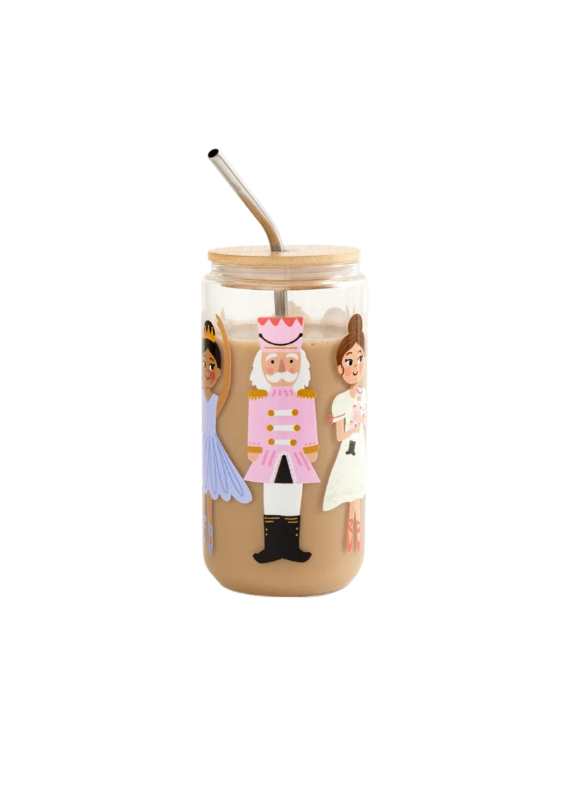 Pippi Post 538778 glass 16 oz can with bamboo lid, stainless steel straw, and cartoon Clara, Nutcracker Prince, Sugar Plum Fairy, Mouse King, Christmas tree, and Grand Clock illustrations.