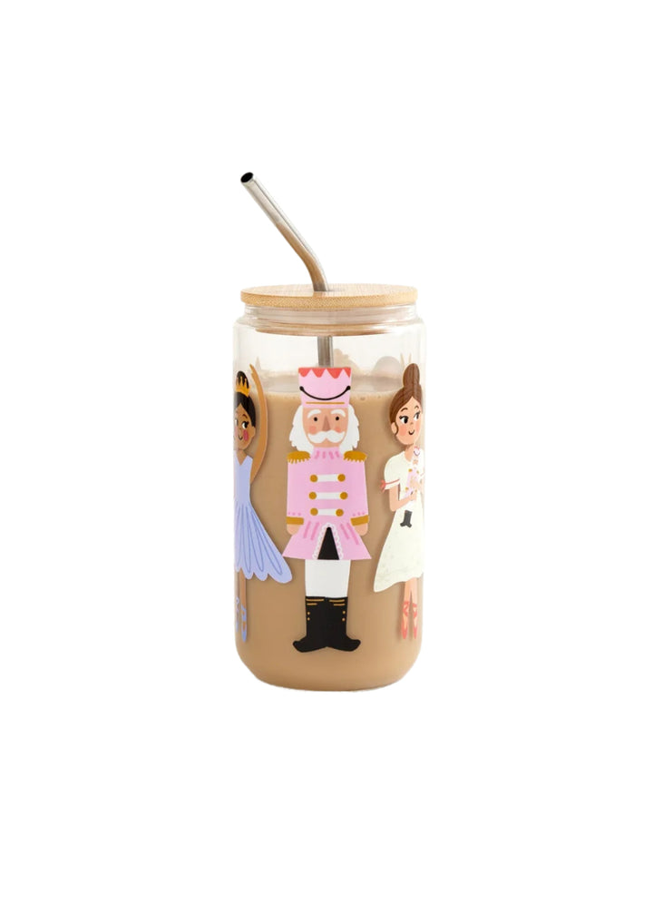 Pippi Post 538778 glass 16 oz can with bamboo lid, stainless steel straw, and cartoon Clara, Nutcracker Prince, Sugar Plum Fairy, Mouse King, Christmas tree, and Grand Clock illustrations.