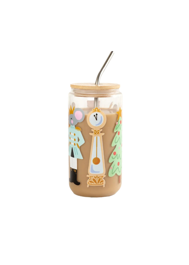 Pippi Post 538778 glass 16 oz can with bamboo lid, stainless steel straw, and cartoon Clara, Nutcracker Prince, Sugar Plum Fairy, Mouse King, Christmas tree, and Grand Clock illustrations.