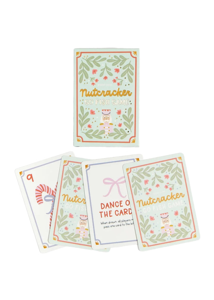 Pippi Post 538783 Nutcracker Go Fish card game with 43 3"x4.25" matching cards and light green box.