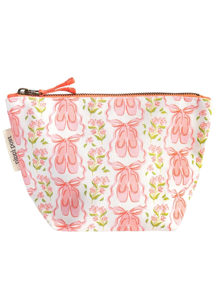 Zipper accessory bag in white canvas with ballet shoes and pink and green flower pattern.