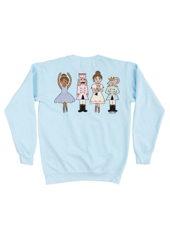 Light blue crew neck sweatshirt with cartoon nutcracker characters on the back.