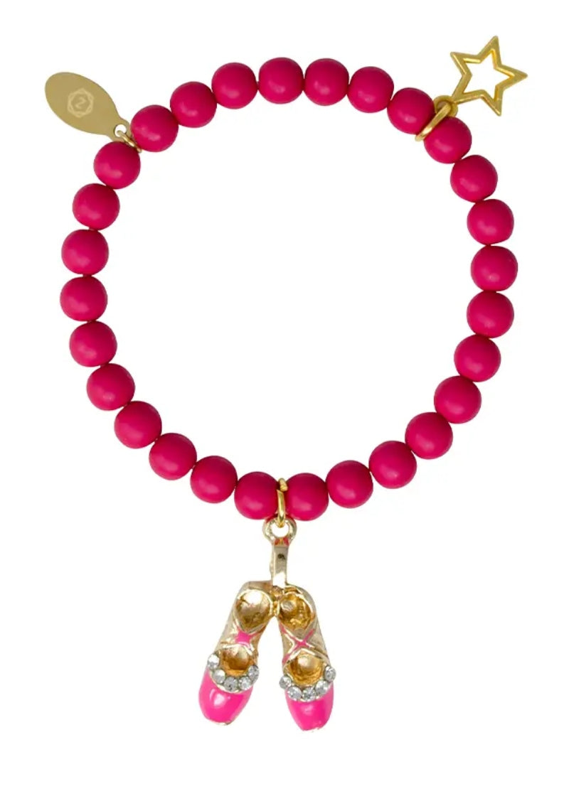 hot pink beaded bracelet with 
ballet shoe charm