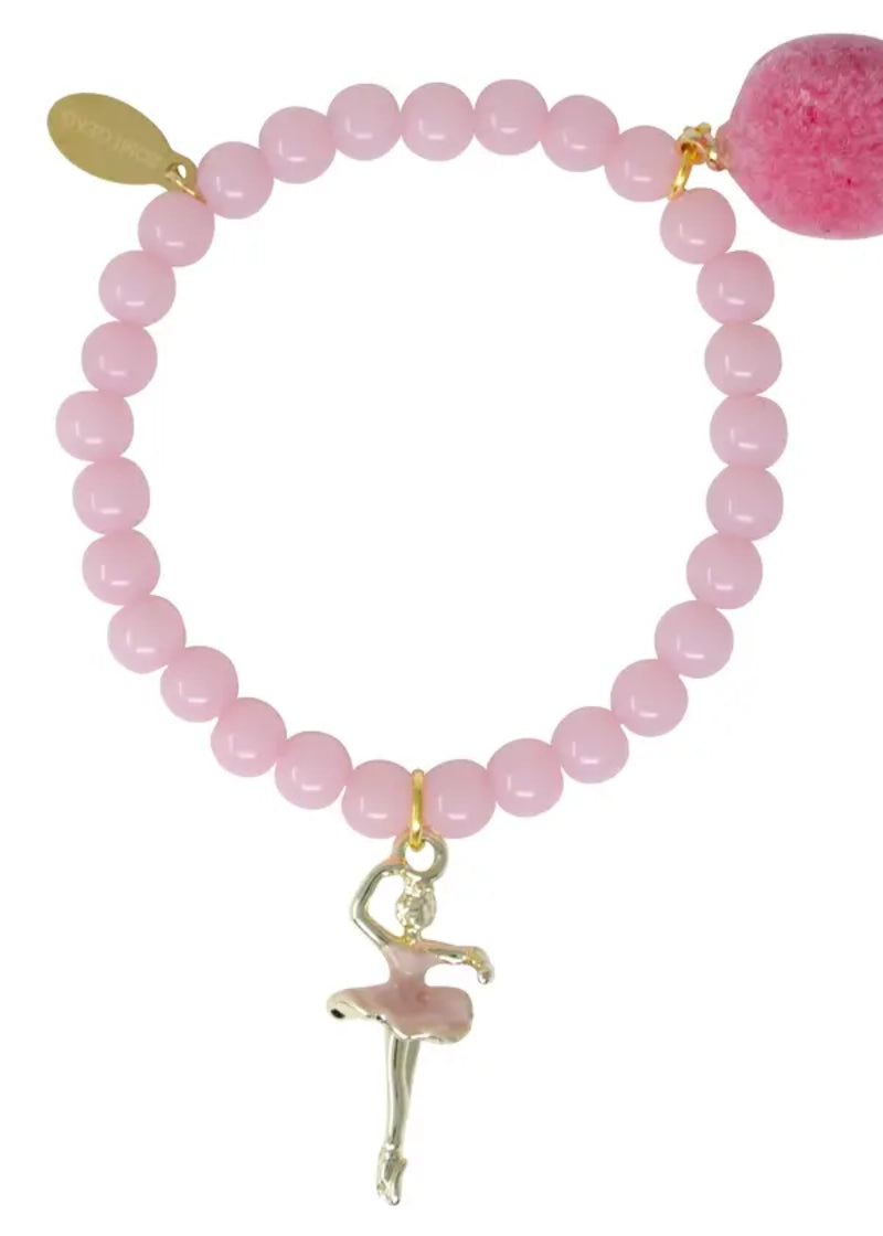 light pink beaded bracelet with pom-pom and ballerina charm