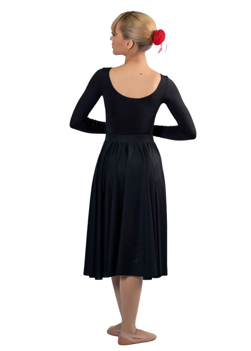 Poze Wear by Angelo Luzio Girls' C504 and Women's A504 Below-the-Knee Circle Skirt in Black for Ballet Character dance, shown on a dancer wearing a matching black leotard