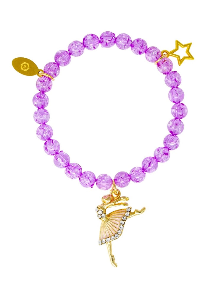 Beaded charm bracelet with purple beads, ballerina charm, and star charm.