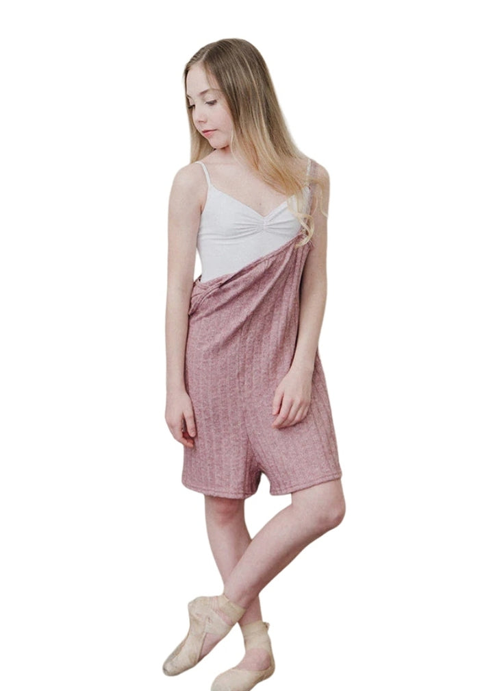 RubiaWear Cindy warm-up romper in Rosewater dusty pink cable knit fabric