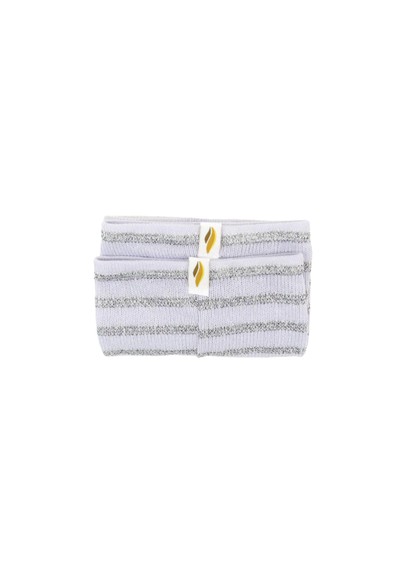 RubiaWear legwarmers in light purple with silver stripes.