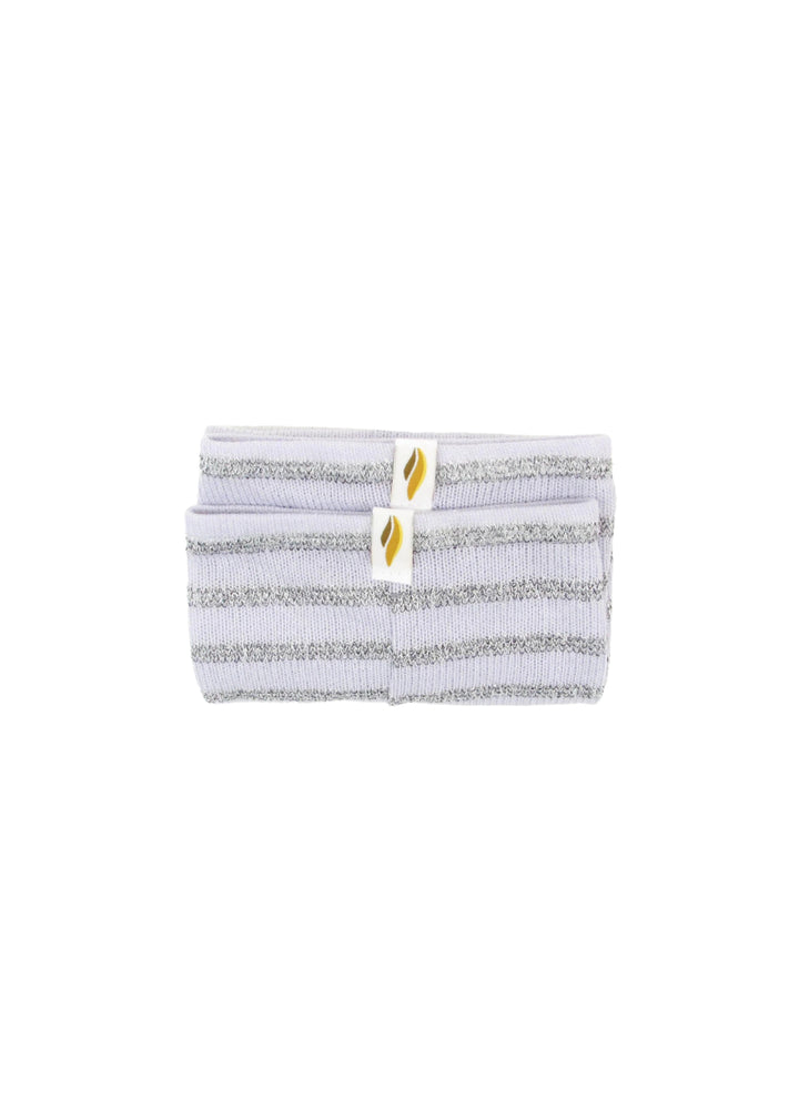 RubiaWear legwarmers in light purple with silver stripes.
