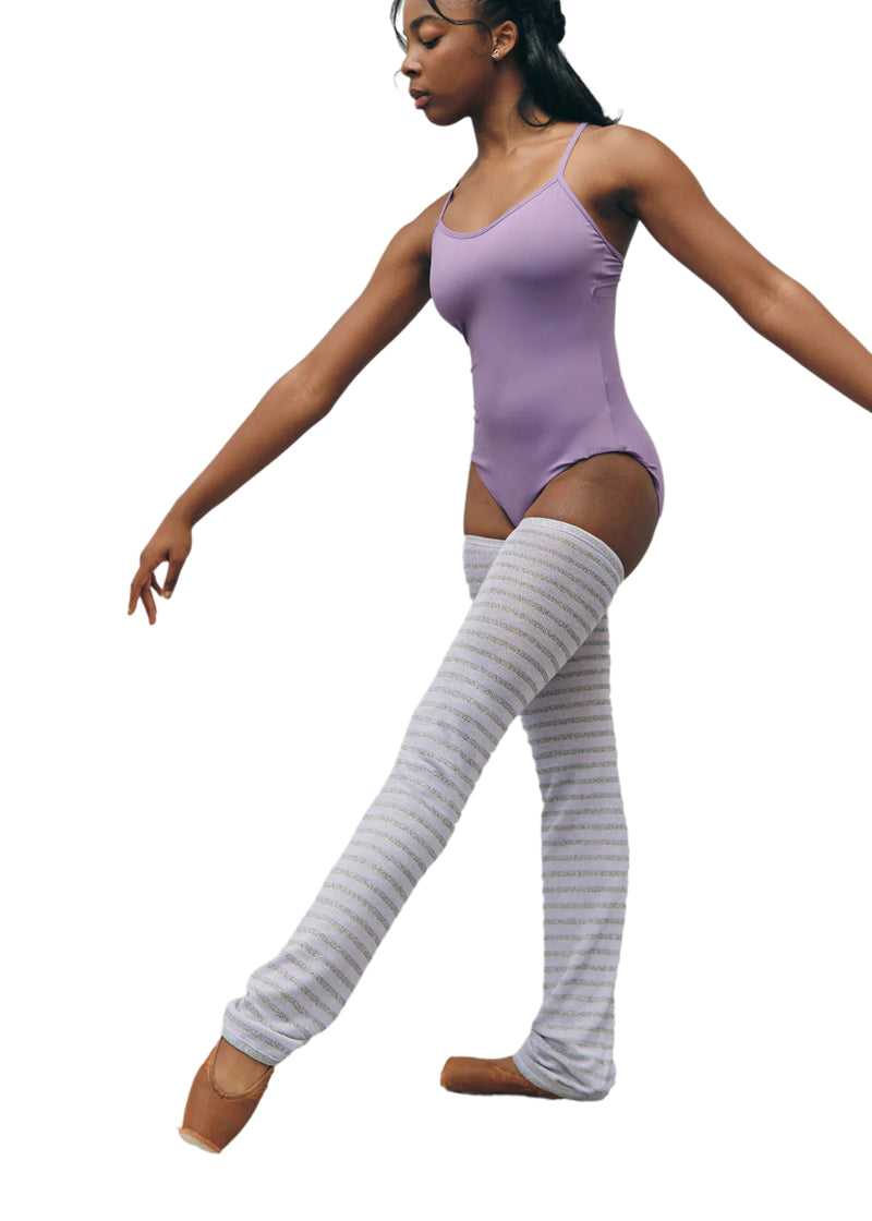 RubiaWear full length legwarmers in silver and light purple stripes.