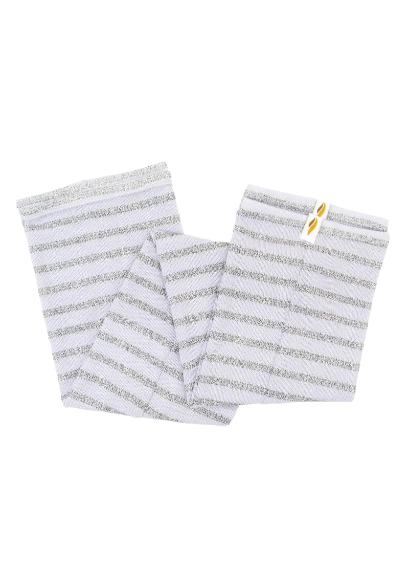 RubiaWear legwarmers in light purple with silver stripes.