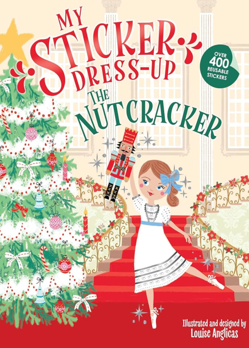 Cover of Nutcracker dress-up sticker book with Clara holding a nutcracker next to a Christmas tree.
