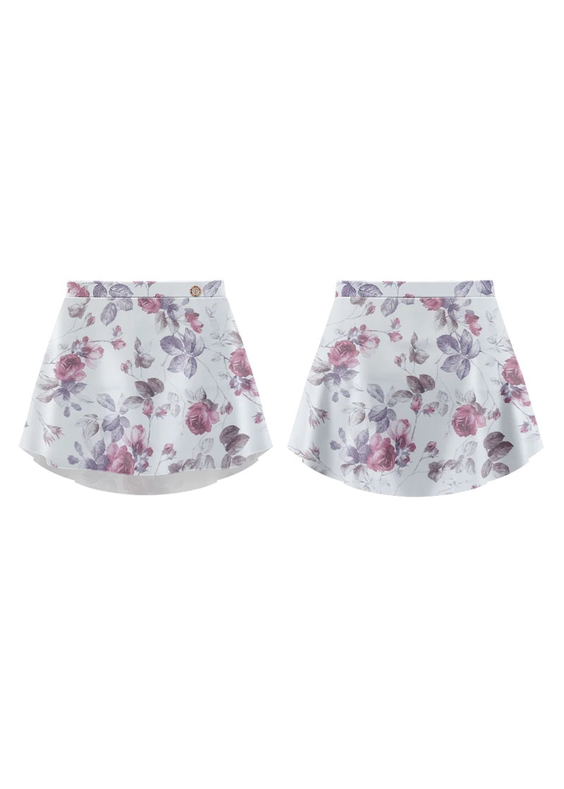 White short pull-on skirt with pink and purple floral print.