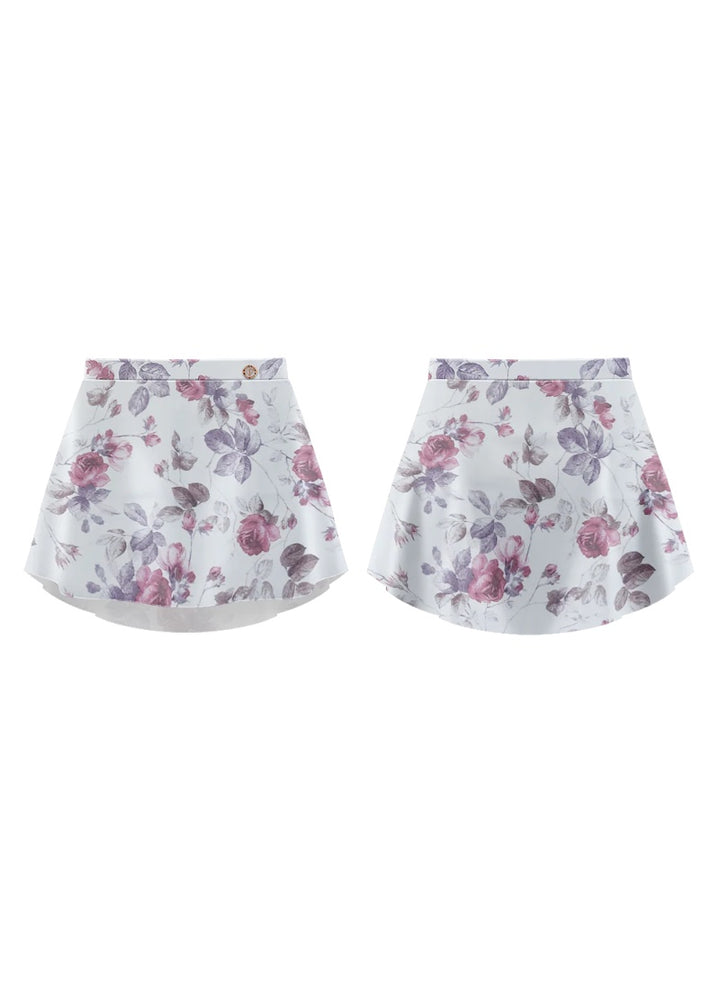 White short pull-on skirt with pink and purple floral print.