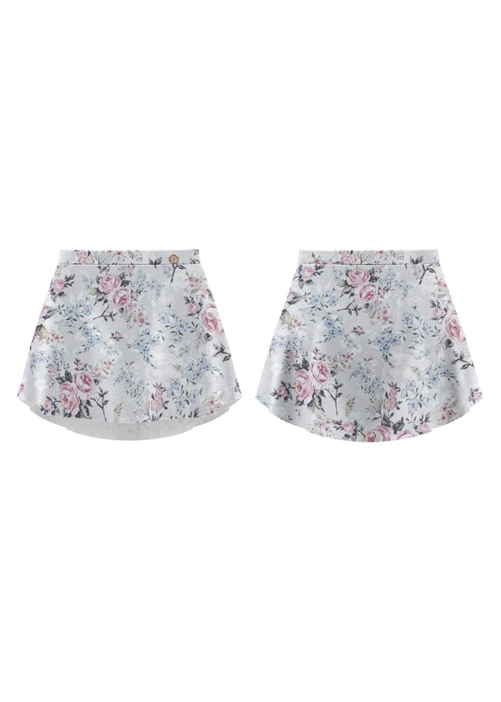 White pull-on short skirt with pink and blue floral print.