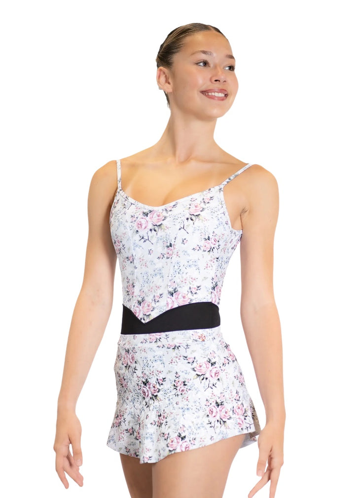 White pull-on short skirt with pink and blue floral print.