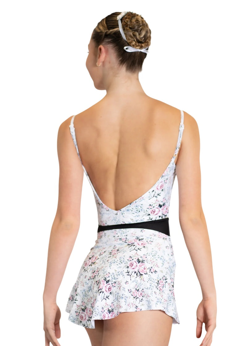 White pull-on short skirt with pink and blue floral print.