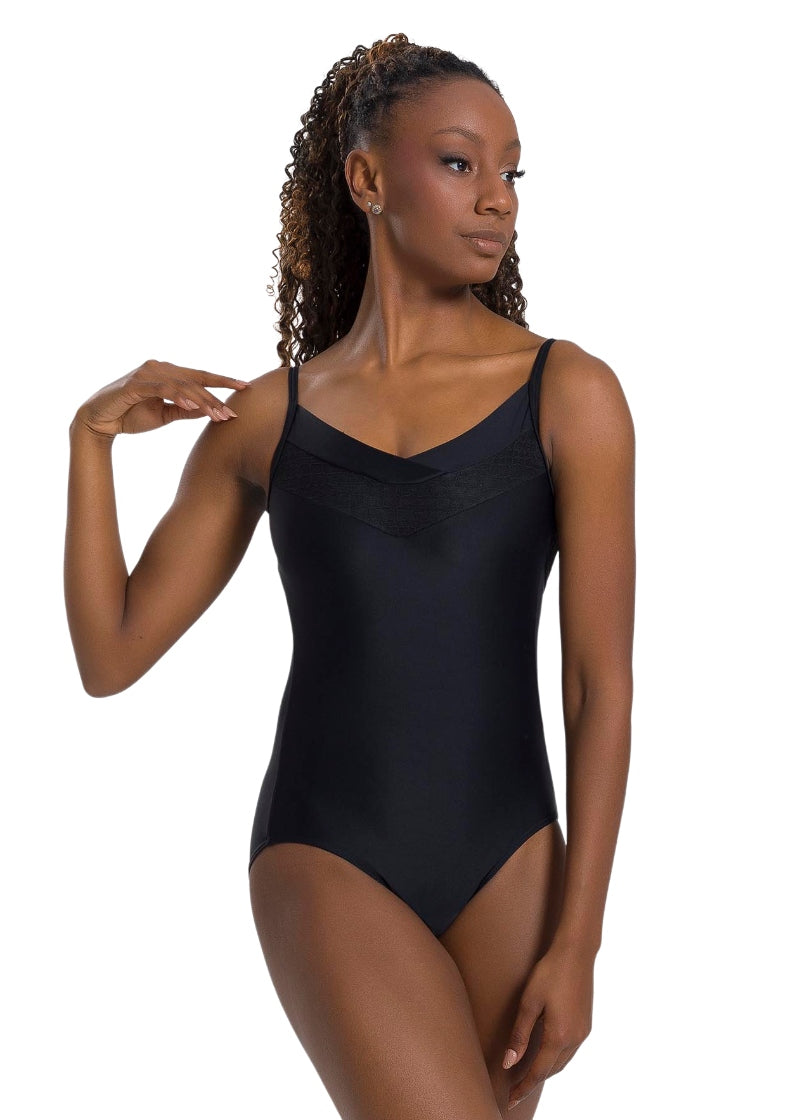So Danca BY64 Ravena black camisole leotard with V neckline and mesh panel