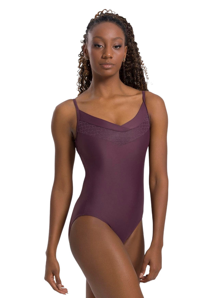 So Danca BY64 Ravena brown camisole leotard with V neckline and mesh panel