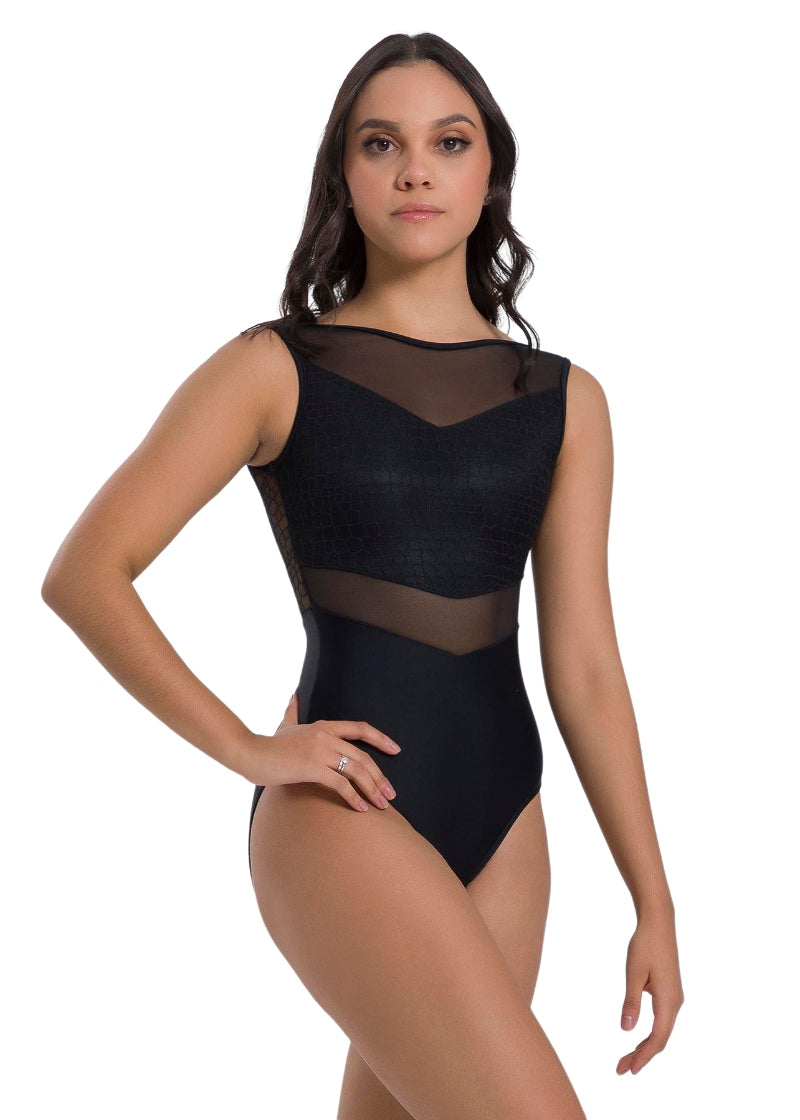 So Danca BY68 Sueli black tank leotard with illusion mesh neckline and mesh waist panel