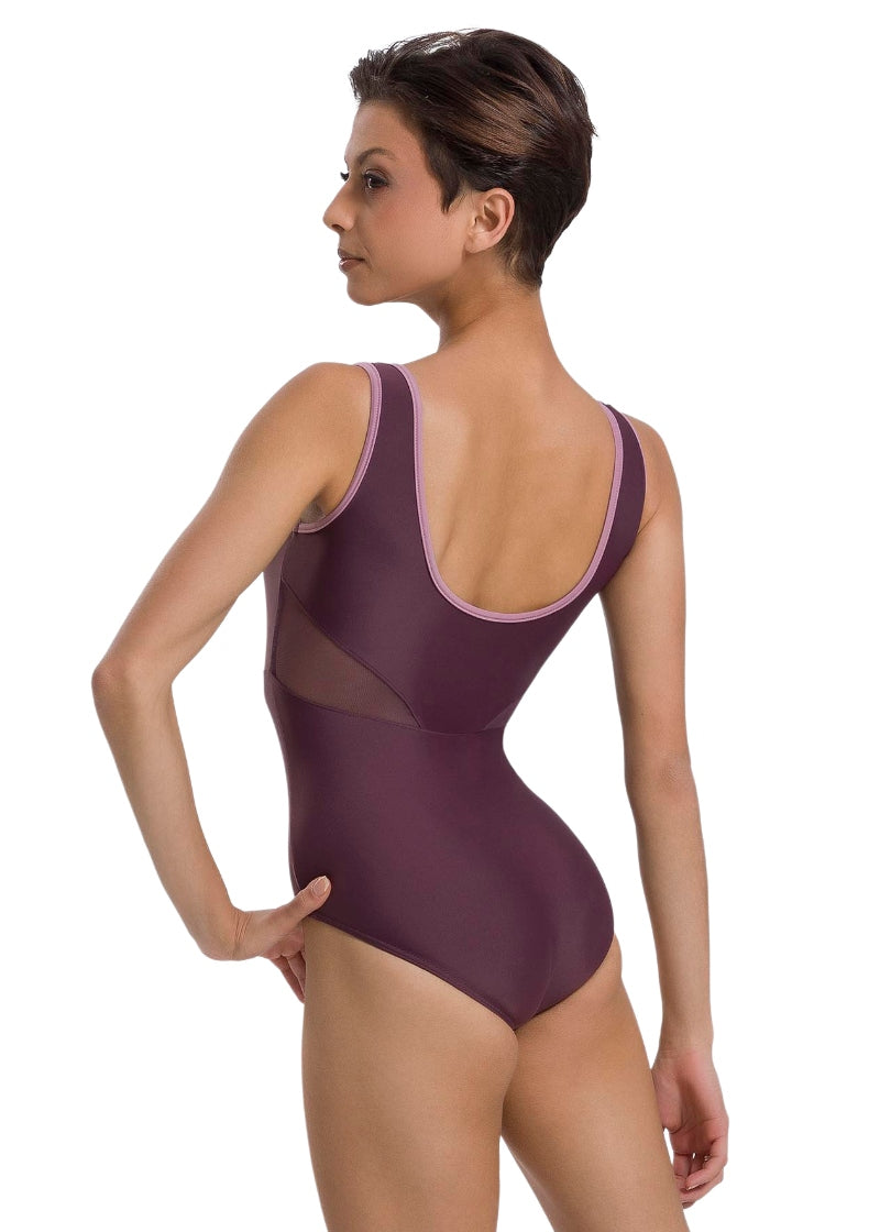 So Danca BY71 Zuri brown tank leotard with mesh panels and mauve trim