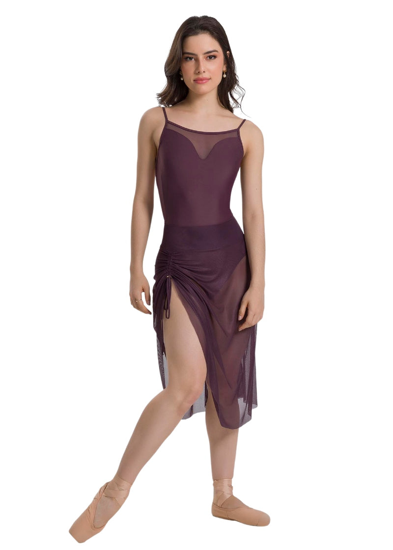 So Danca BY75 Alicia brown mesh pull-on skirt with asymmetrical hemline and adjustable cinch 