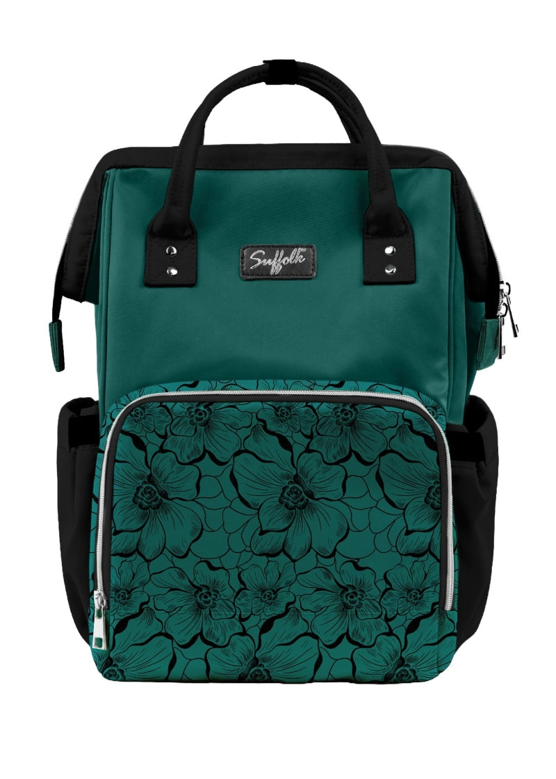 Suffolk 1599 printed company bag in Florence, dark hunter green with black accents and floral pocket