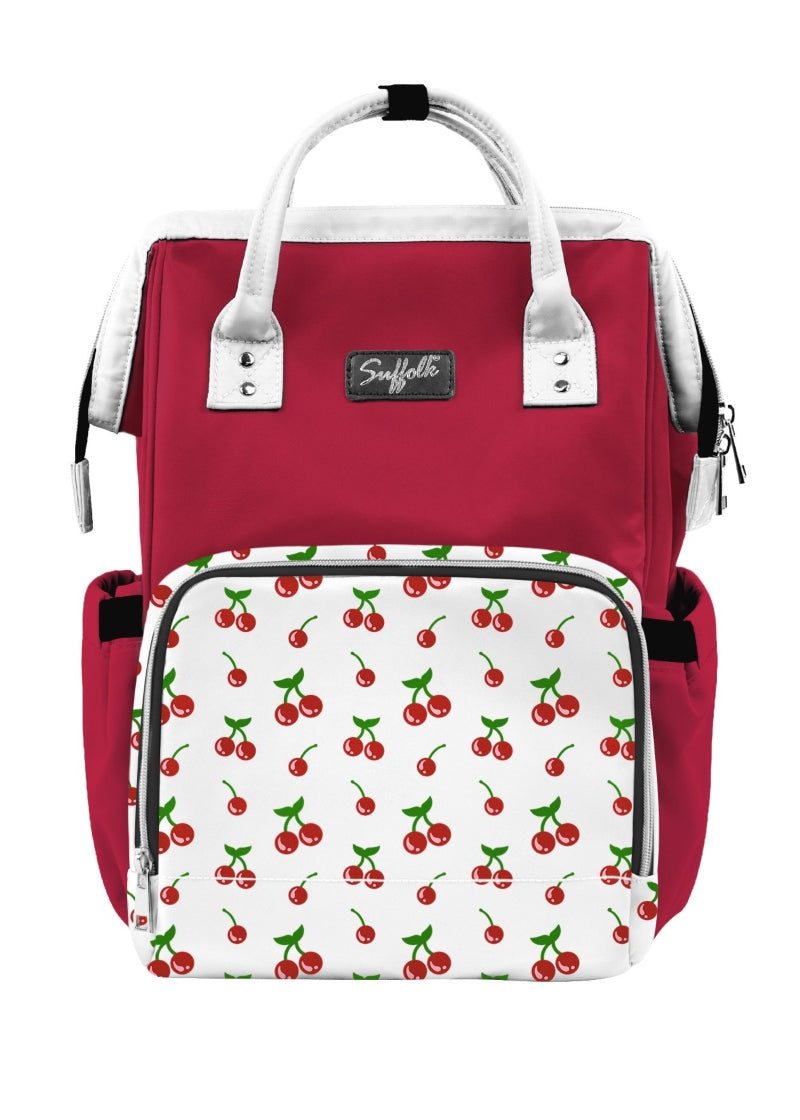 Suffolk 1599 printed company bag in Shirley Temple, red with white accents and cherry printed pocket
