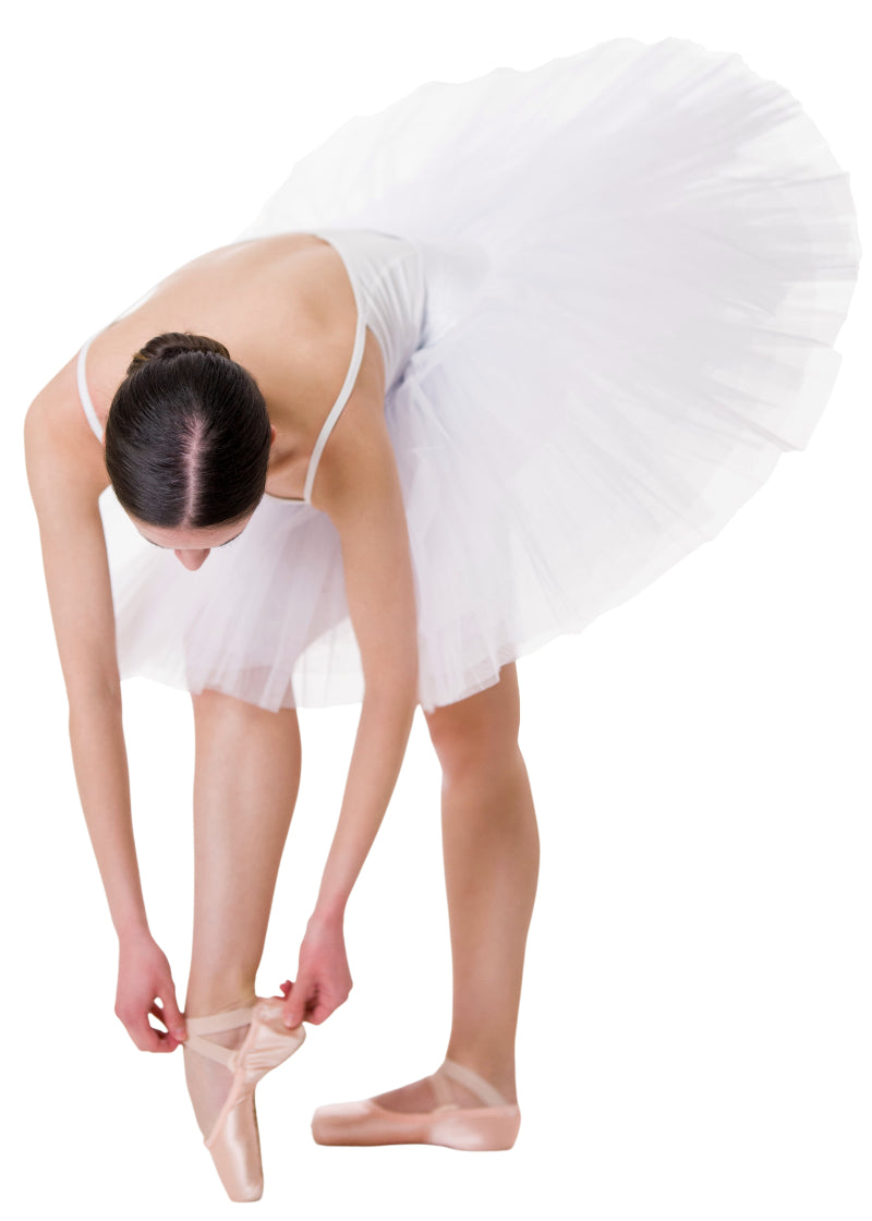 Suffolk 1012A Women's Practice Platter Tutu in White, shown on a ballerina adjusting her pointe shoes