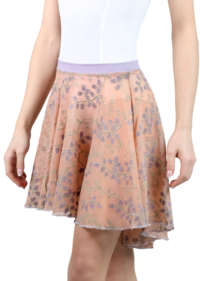 Suffolk 1016A Lily of the Valley high-low pull-on ballet skirt in beige with lavender floral embroidery and waistband