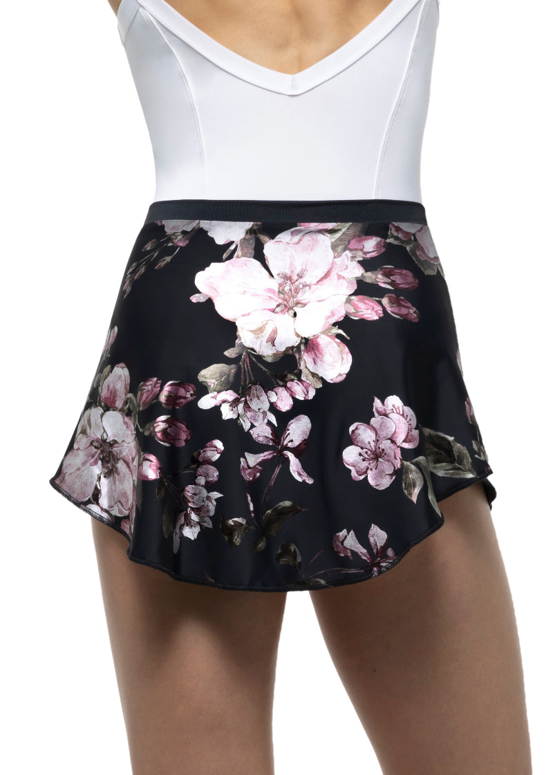 Suffolk women's high-low pull-on skirt in shiny floral print with black background.