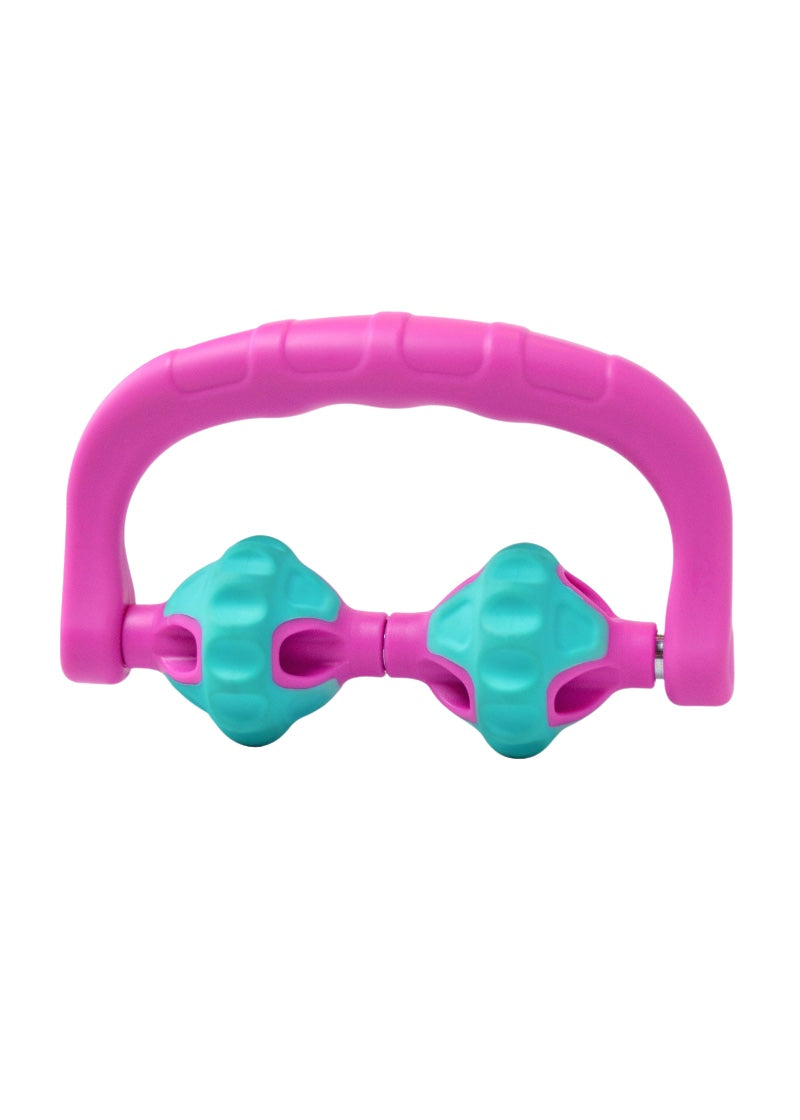 Suffolk massage tool with two rolling teal balls and pink handle.
