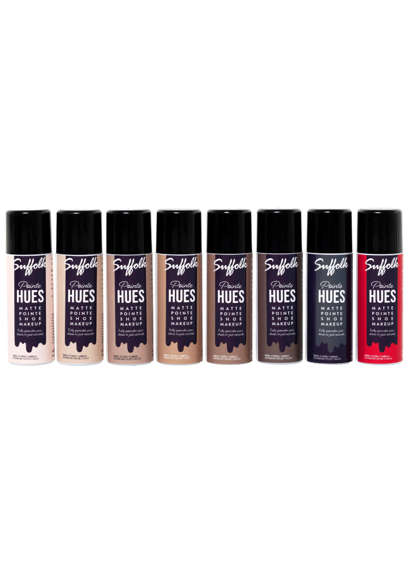 Suffolk 1598 Pointe Hues Matte Pointe Shoe Makeup Pancaking Spray available in black, red, and 6 skin tone colors