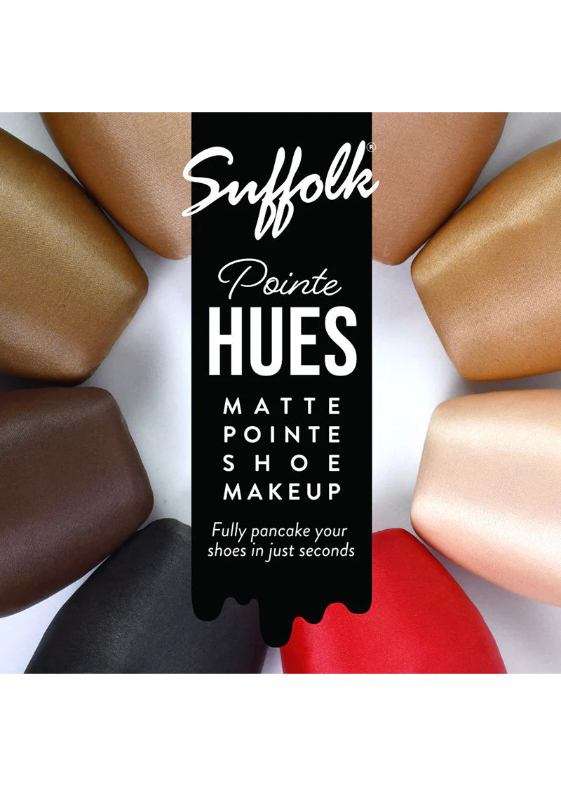 Suffolk 1598 Pointe Hues Matte Pointe Shoe Makeup Pancaking Spray available in black, red, and 6 skin tone shades