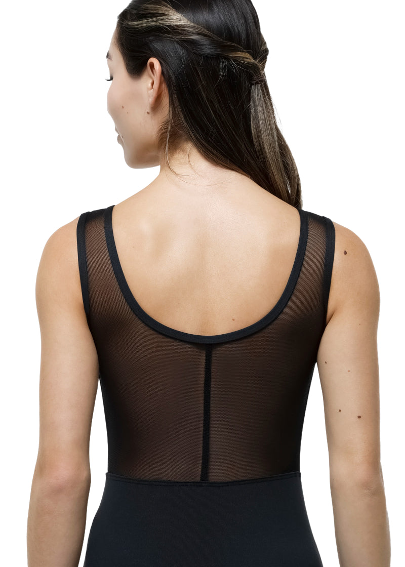 Suffolk tank leotard in black with mesh scoop back.