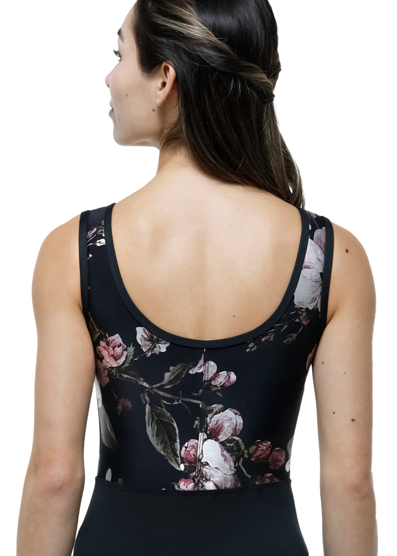 Suffolk tank leotard with black bottom and shiny floral scoop back.