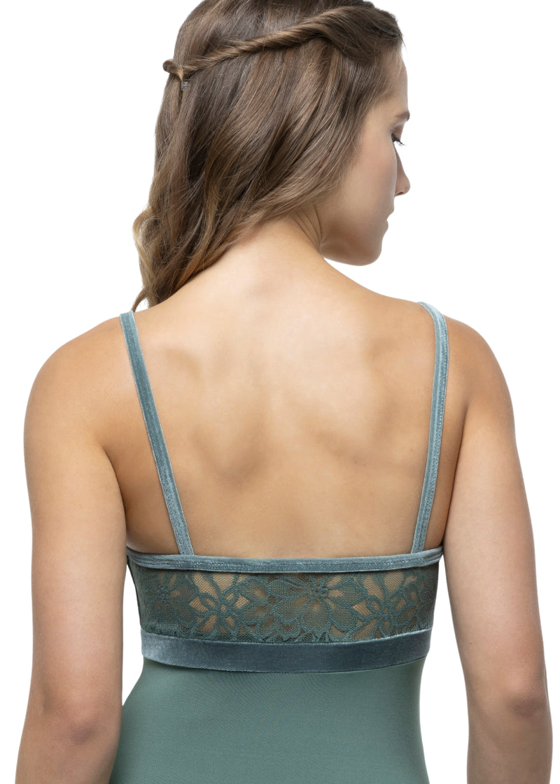 Suffolk women's Enchanted Forest camisole leotard in green with velvet trim and floral lace bodice.