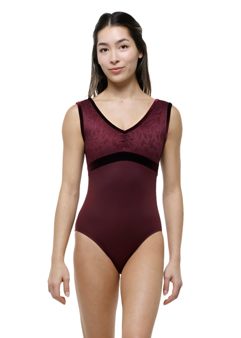 Suffolk women's tank leotard in dark red with v-neckline, lace pinch front bust, and velvet trim.