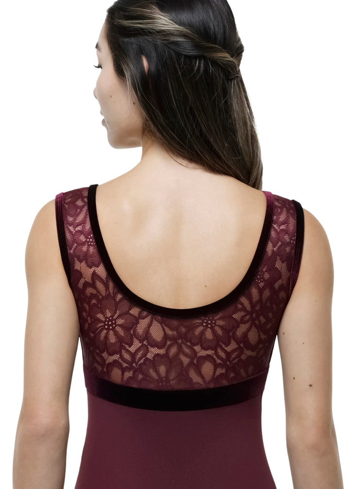 Suffolk women's Enchanted Forest tank leotard in dark red with empire waistline, velvet trim, scoop back, and floral lace bodice.
