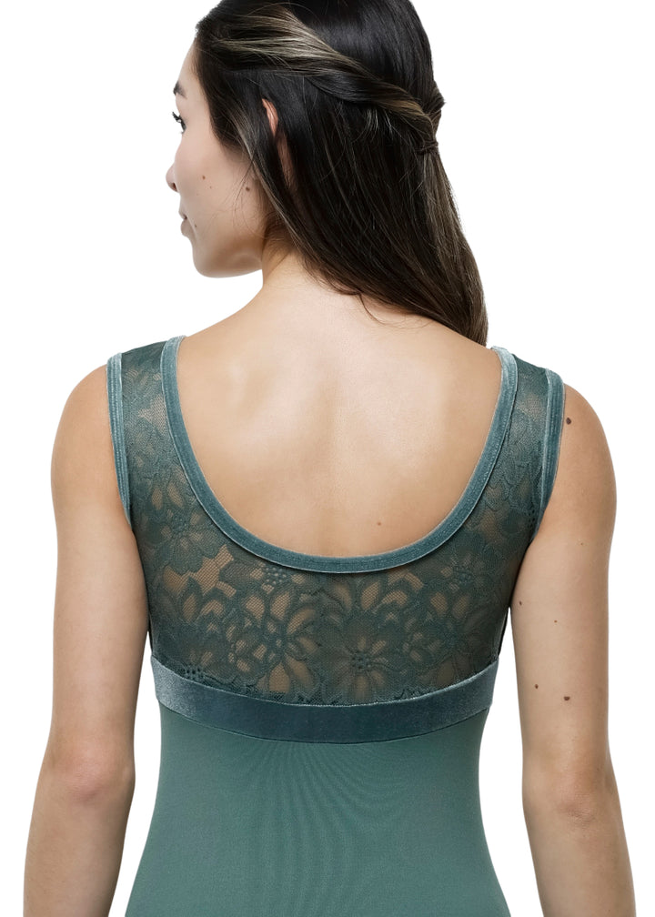 Suffolk women's Enchanted Forest tank leotard in green with velvet trim, scoop back, and floral lace bodice.