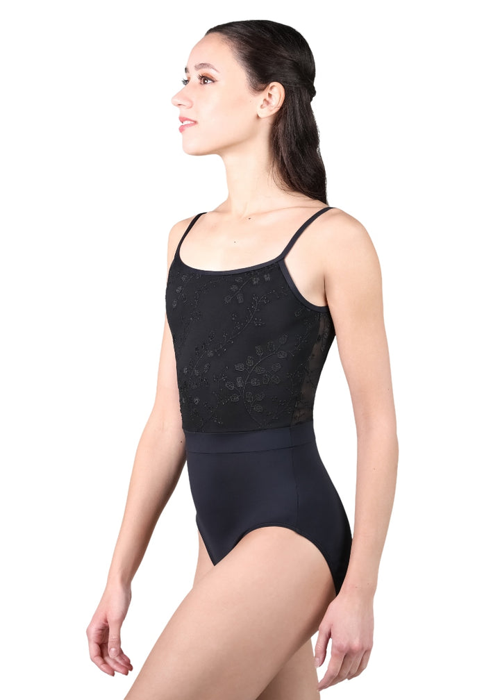 Suffolk 2827A Lily of the Valley Collection camisole leotard in black with embroidered mesh bodice