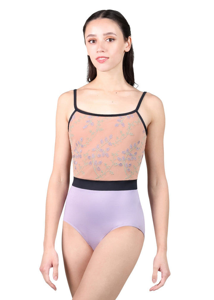 Suffolk 2827A Lily of the Valley Collection camisole leotard in beige and lavender with embroidered mesh bodice and black trim and waistband