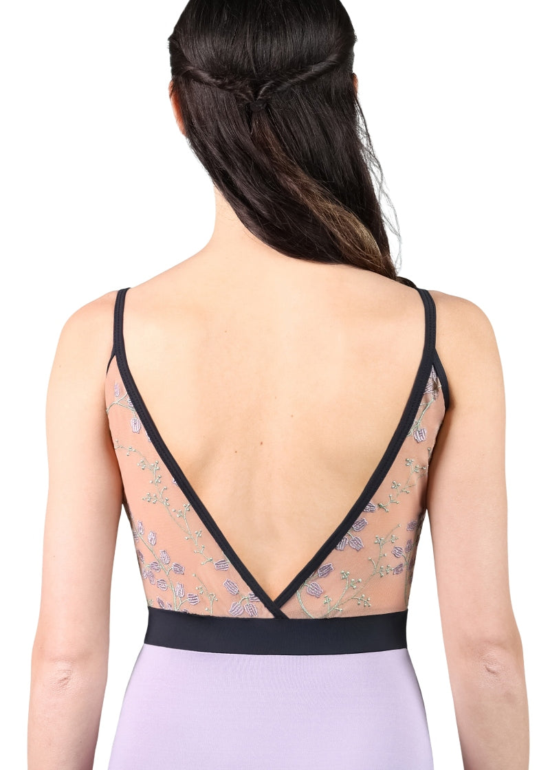 Suffolk 2827A Lily of the Valley Collection camisole leotard in beige and lavender with embroidered mesh back panels and black trim and waistband
