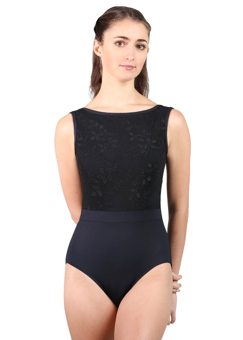 Suffolk 2829A Lily of the Valley Collection tank leotard in black with embroidered mesh bodice
