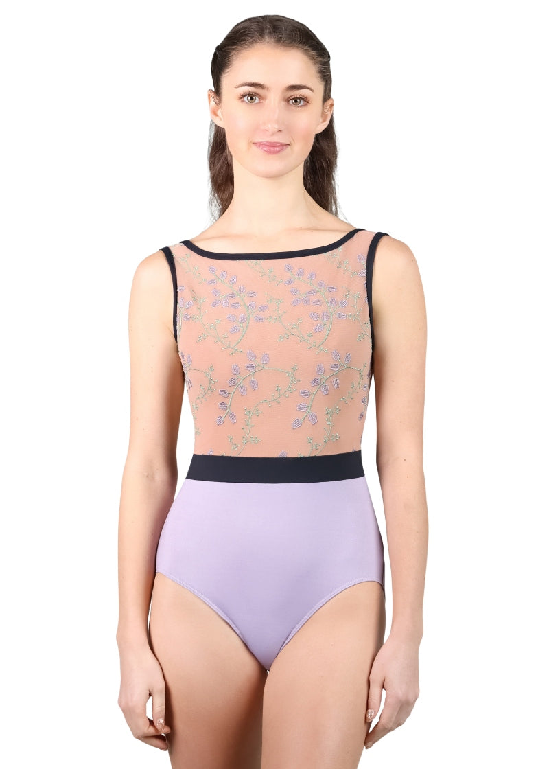 Suffolk 2829A Lily of the Valley Collection tank leotard in beige and lavender with embroidered mesh bodice and black trim and waistband