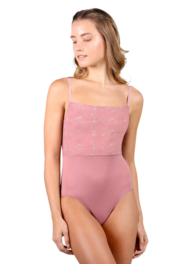 Suffolk 2833A camisole leotard in pink with embroidered bodice and adjustable straps 