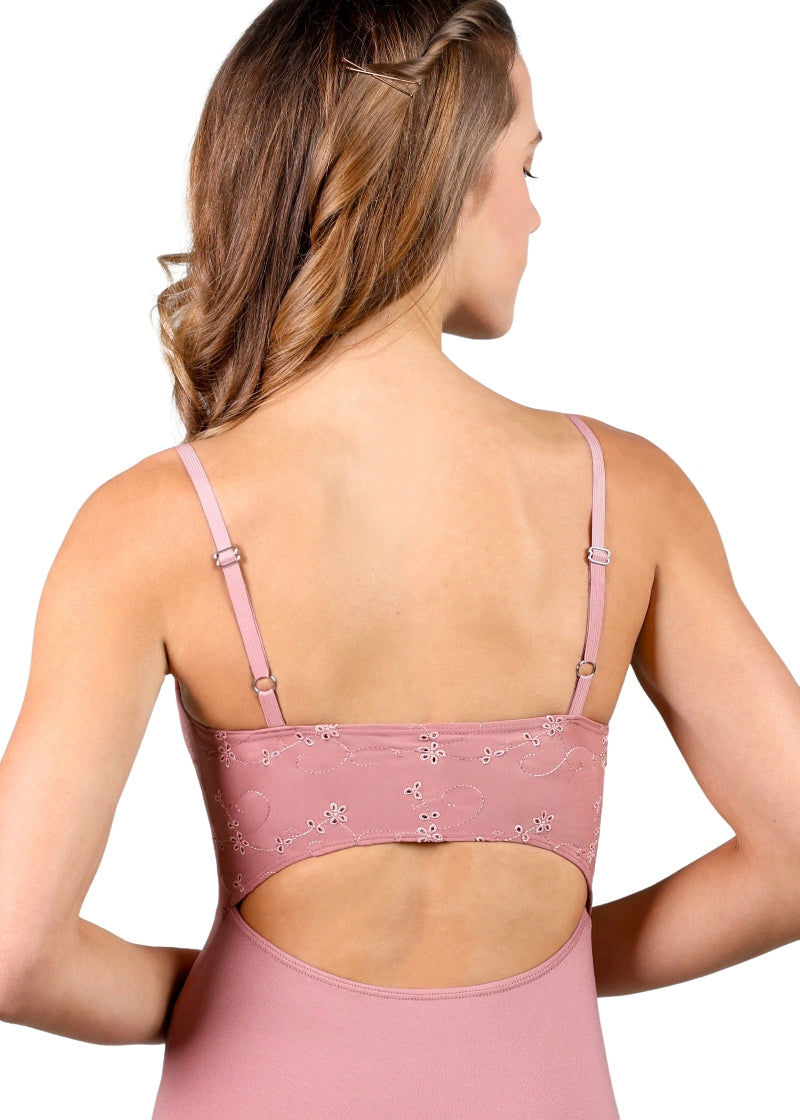 Suffolk 2833A camisole leotard in pink with embroidered back strap, keyhole opening, and adjustable straps 