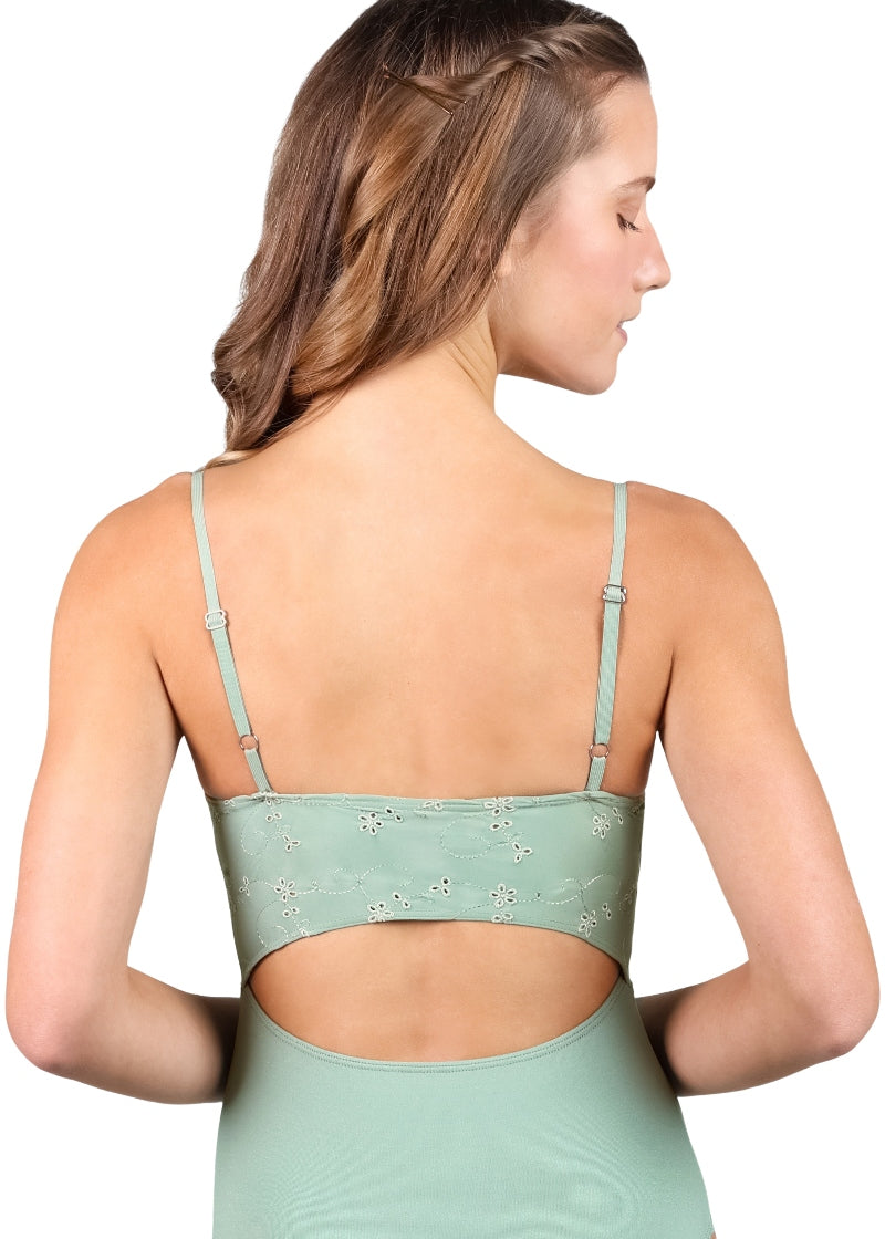Suffolk 2833A camisole leotard in mint green with embroidered back strap, keyhole opening, and adjustable straps 