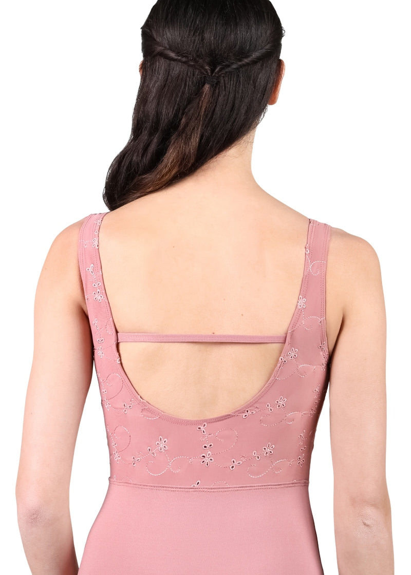 Suffolk 2835A tank leotard in pink with embroidered bodice and scoop back with cross strap
